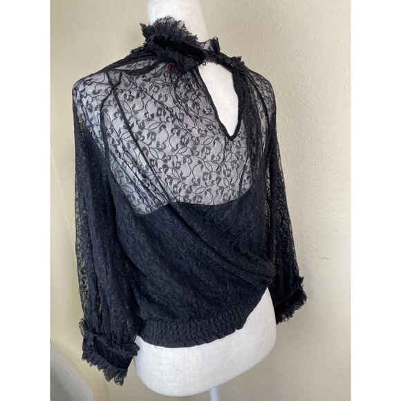 Vince Camuto Black Sheer Lace Long Sleeve Top Size Medium Ruffle Goth Whimsigoth - Picture 13 of 13